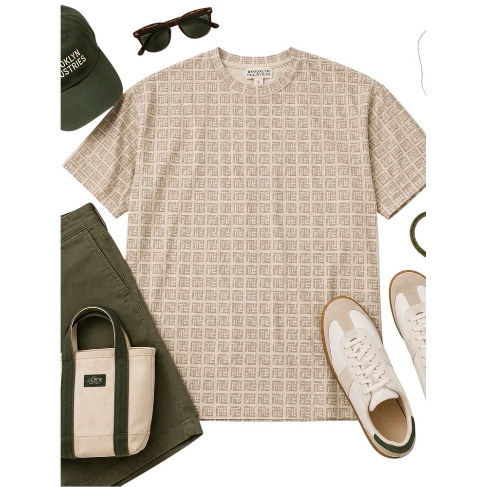Brooklyn Industries Organic Cotton Graphic Tee Boxy Beige Print Top Large Shirt
